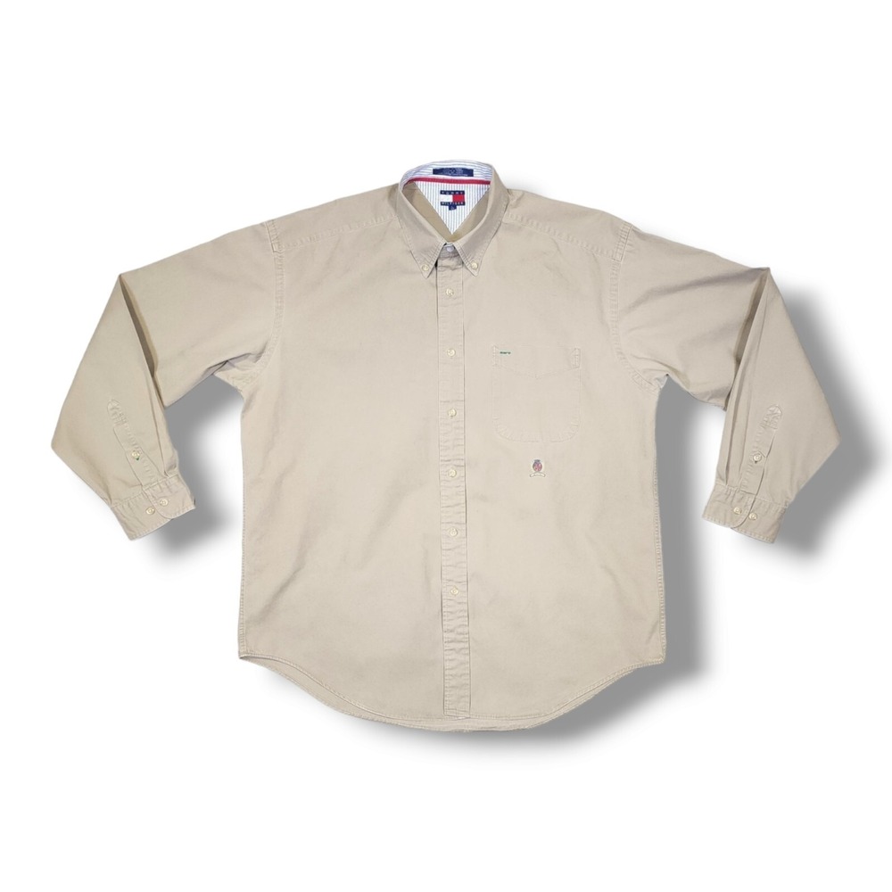 Tommy Hilfiger Long Sleeve Button Down Beige Vintage 90s Shirt Men's Size L